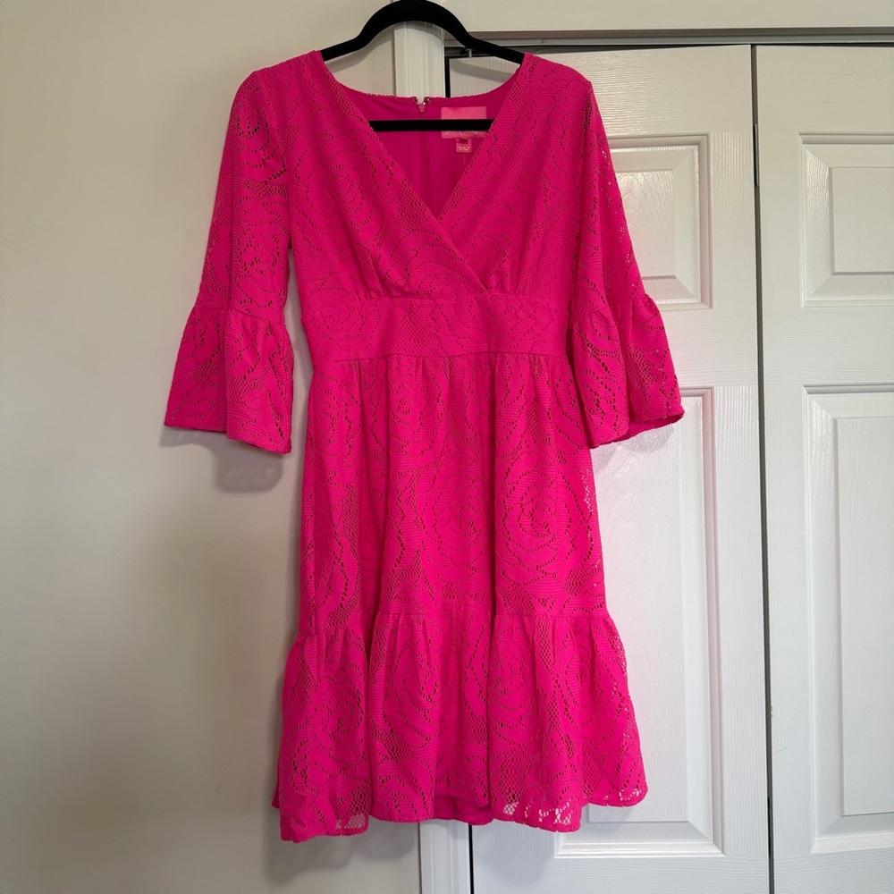 Lilly Pulitzer Cecelia Dress Pink Tango Blossom Lace V Neck Size 4, NWT